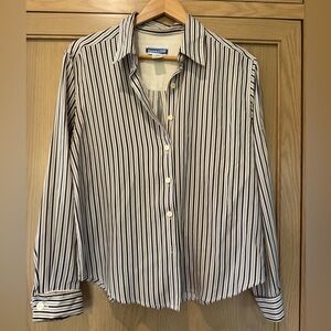 Vintage Pendleton Cream/Blue/Black Silk Retro Secretary Blouse / 12 Petite